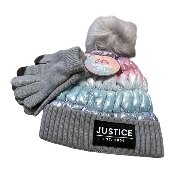 Justice Faux Fur Puffer Beanie With Pom Pom And Gloves - Picture 7 of 7